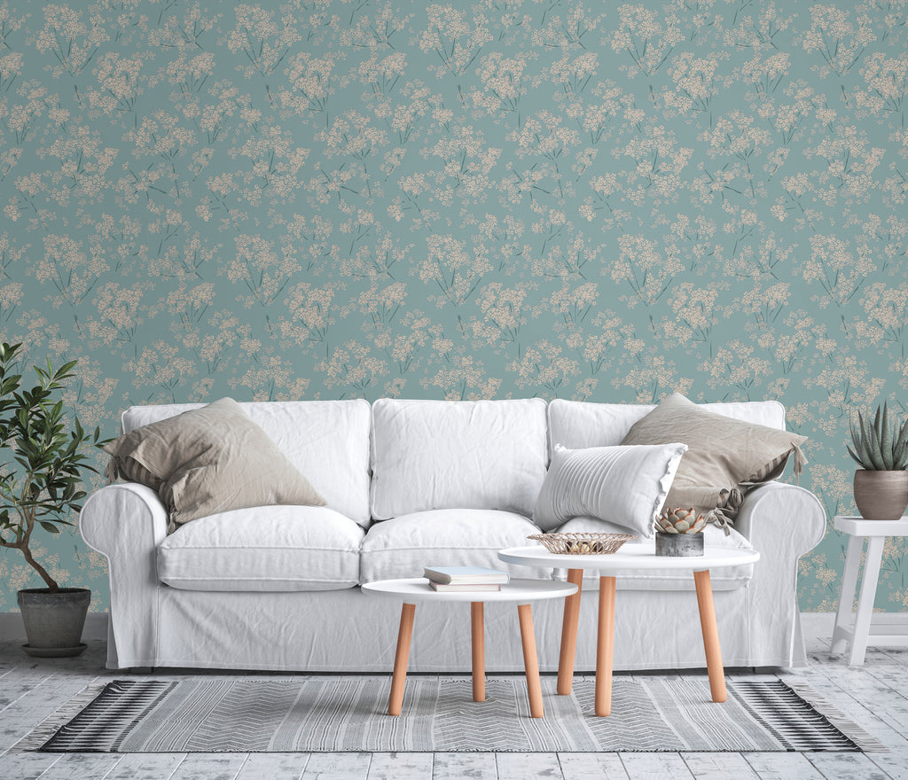 Premium Non-Woven Wallpaper Blue Floral Pattern