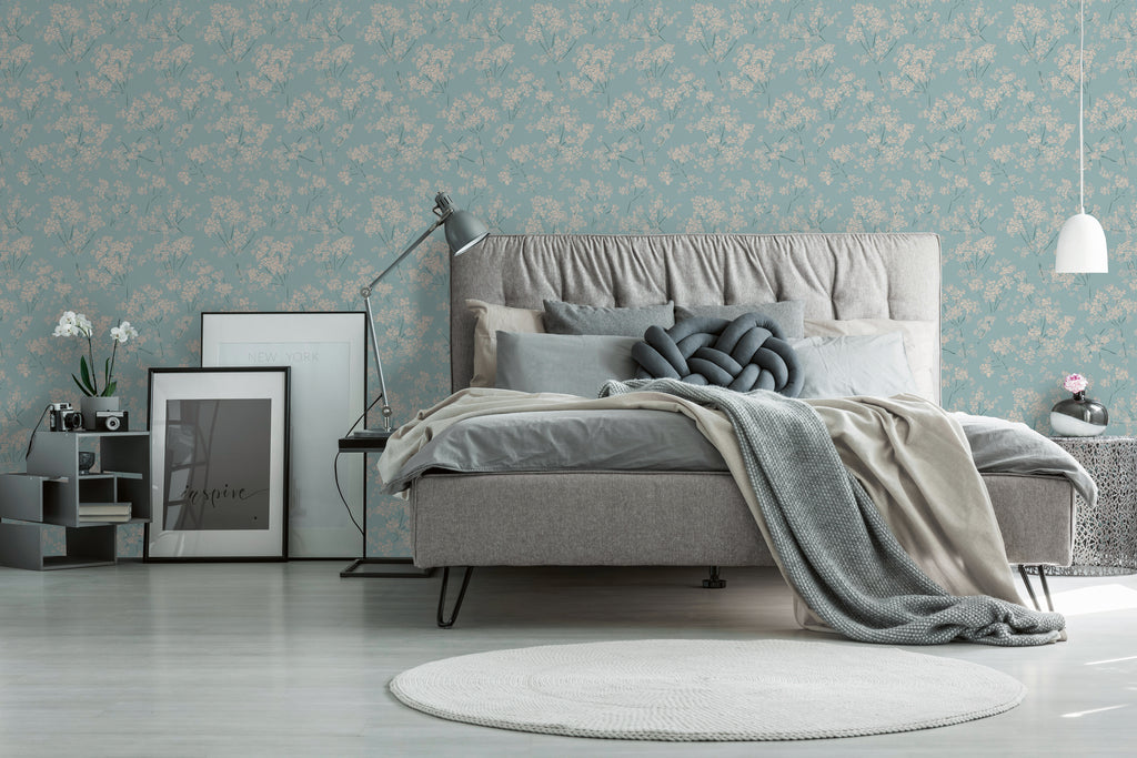 Premium Non-Woven Wallpaper Blue Floral Pattern