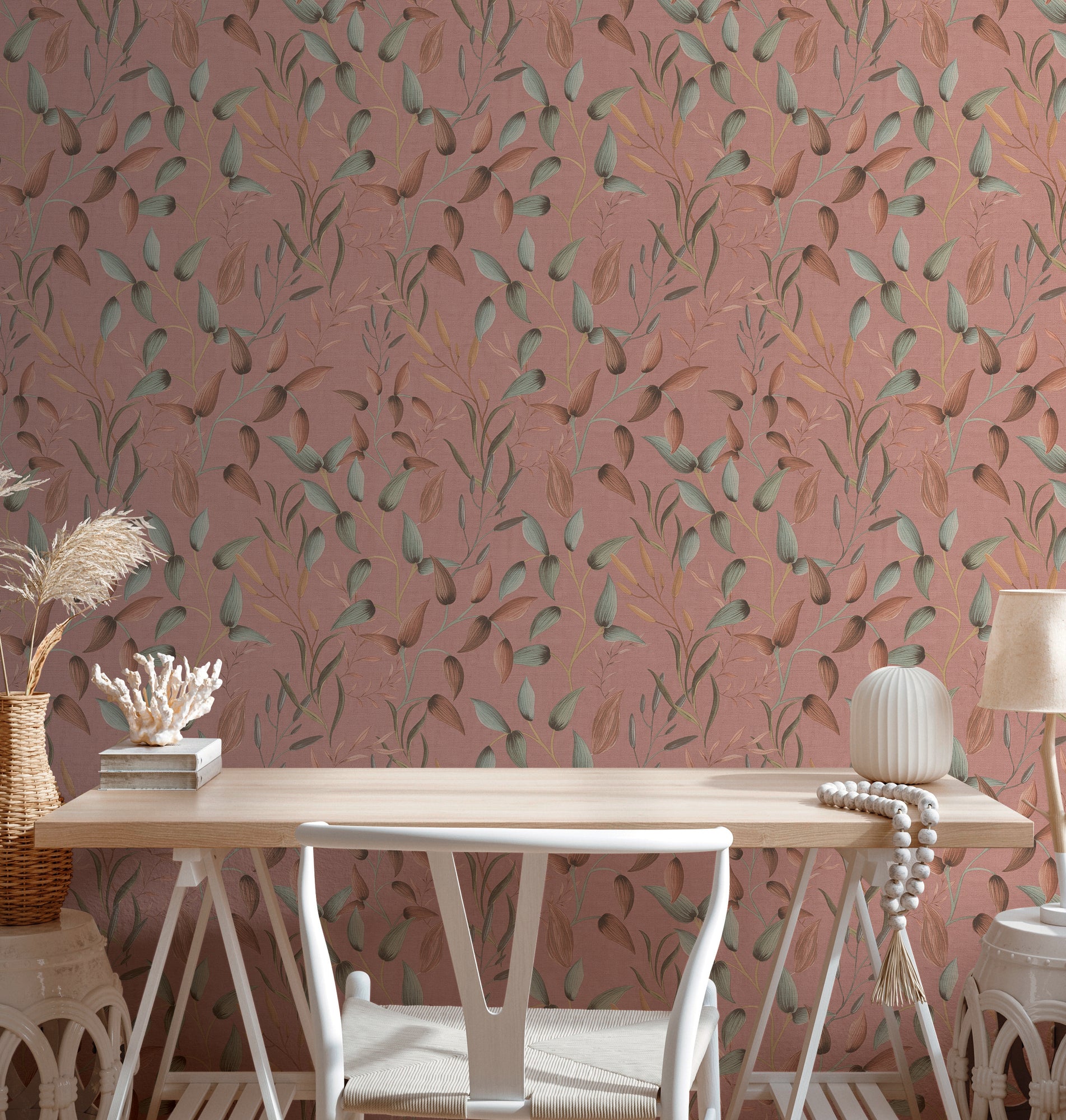 High-Quality Non-Woven Wallpaper Pink Leaves