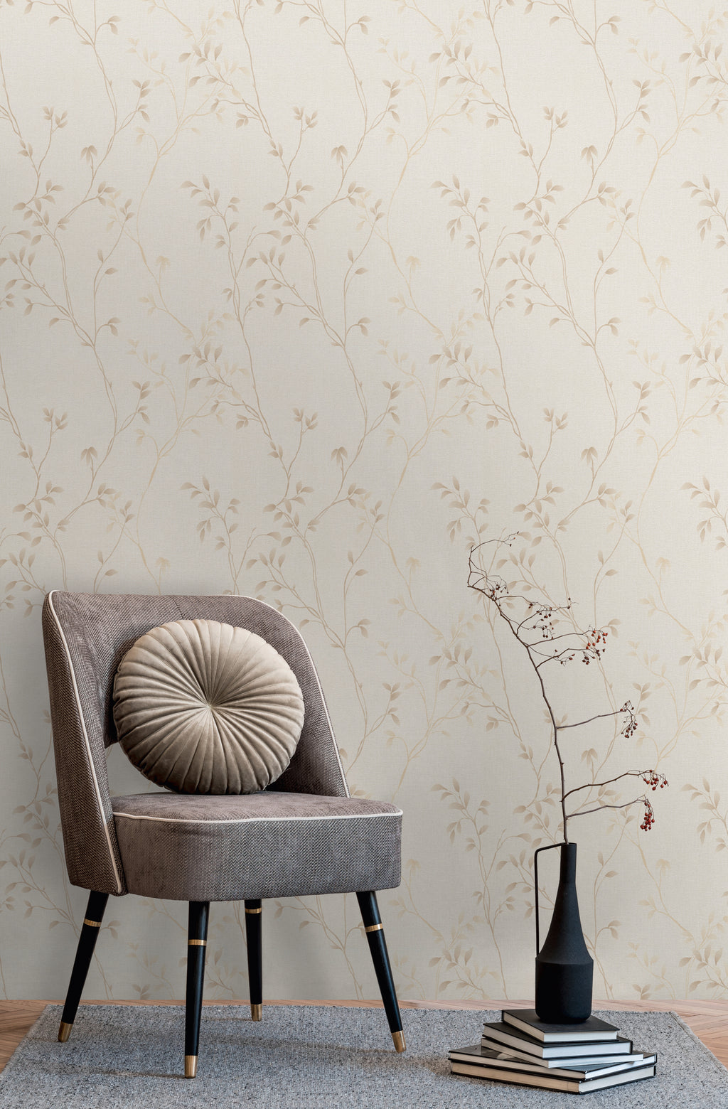 High-Quality Non-Woven Wallpaper Beige Leaves