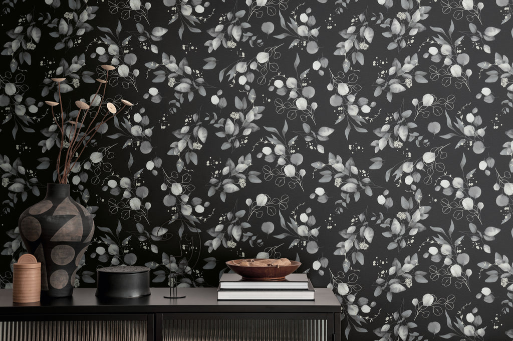 Hochwertige Vliestapete Schwarz Floral