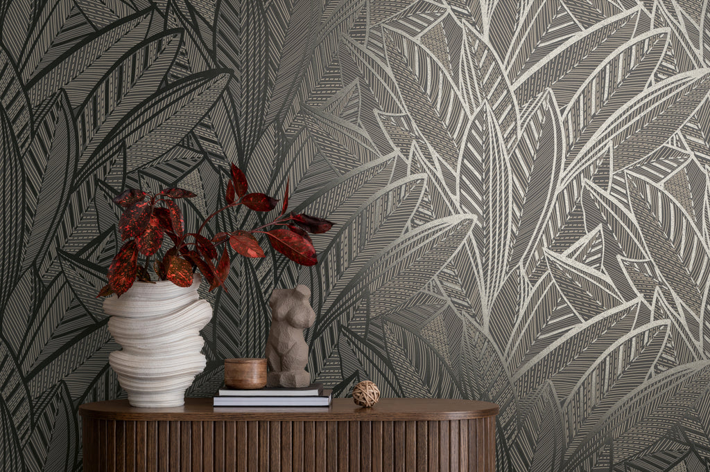 High-Quality Non-Woven Wallpaper Black Leaves