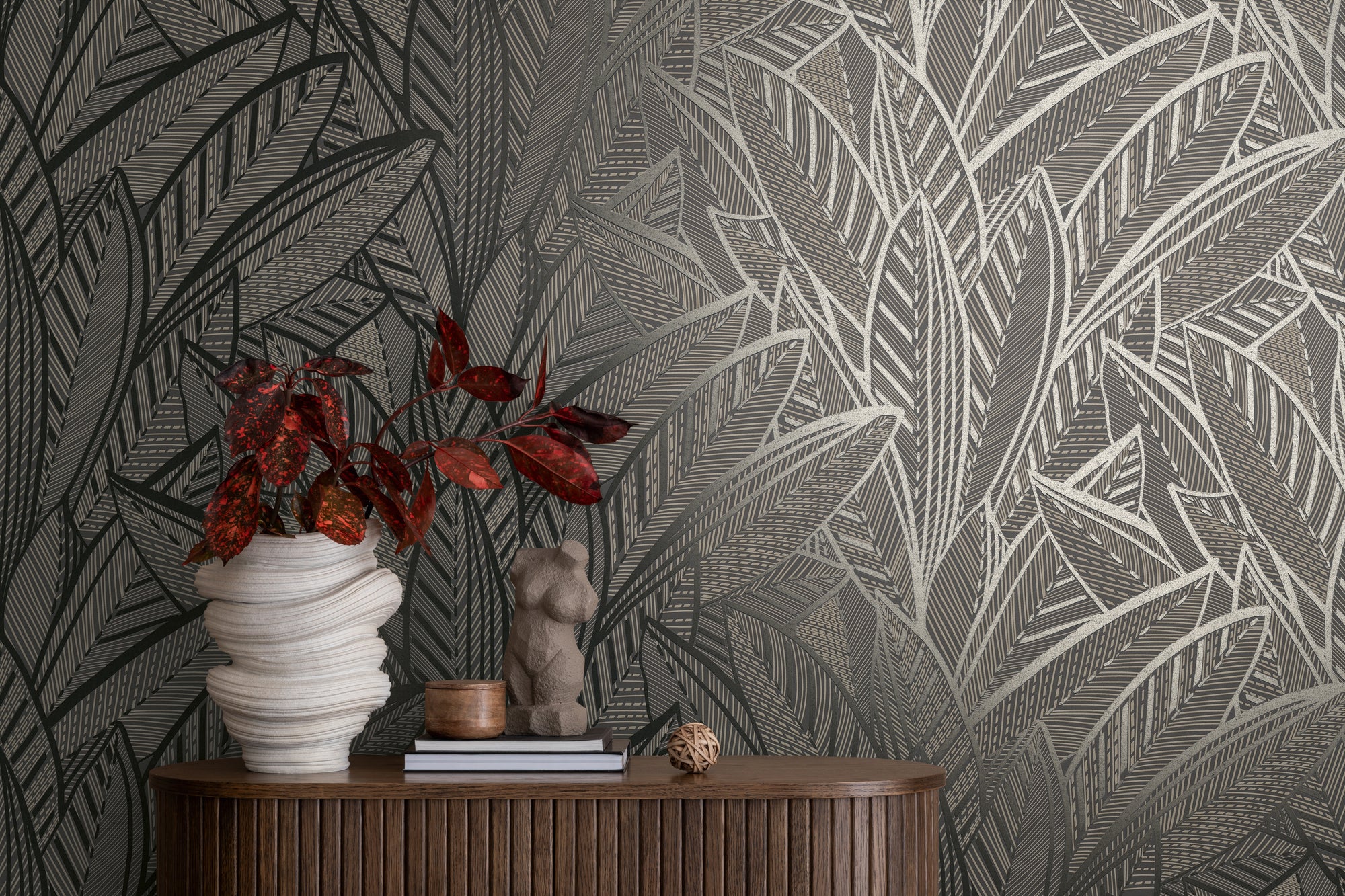 High-Quality Non-Woven Wallpaper Black Leaves