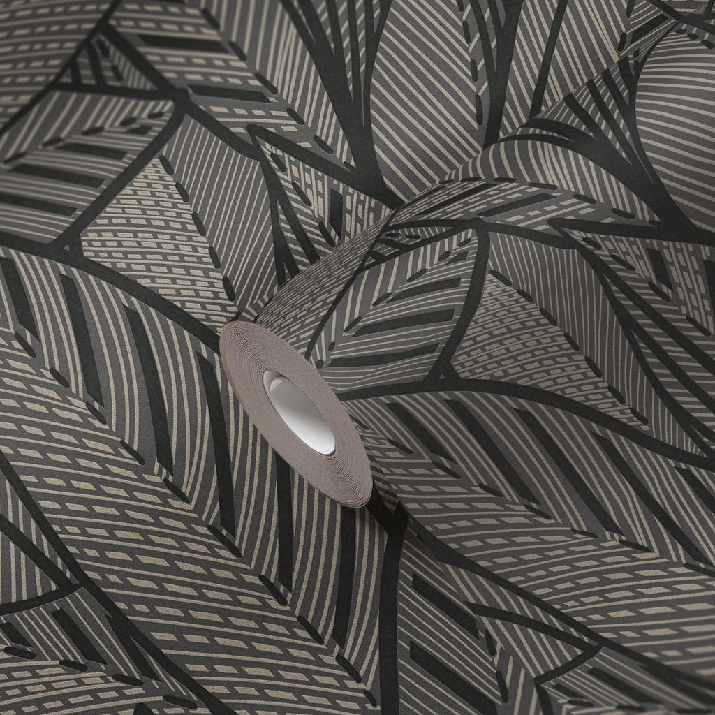 High-Quality Non-Woven Wallpaper Black Leaves
