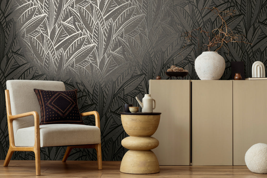 High-Quality Non-Woven Wallpaper Black Leaves