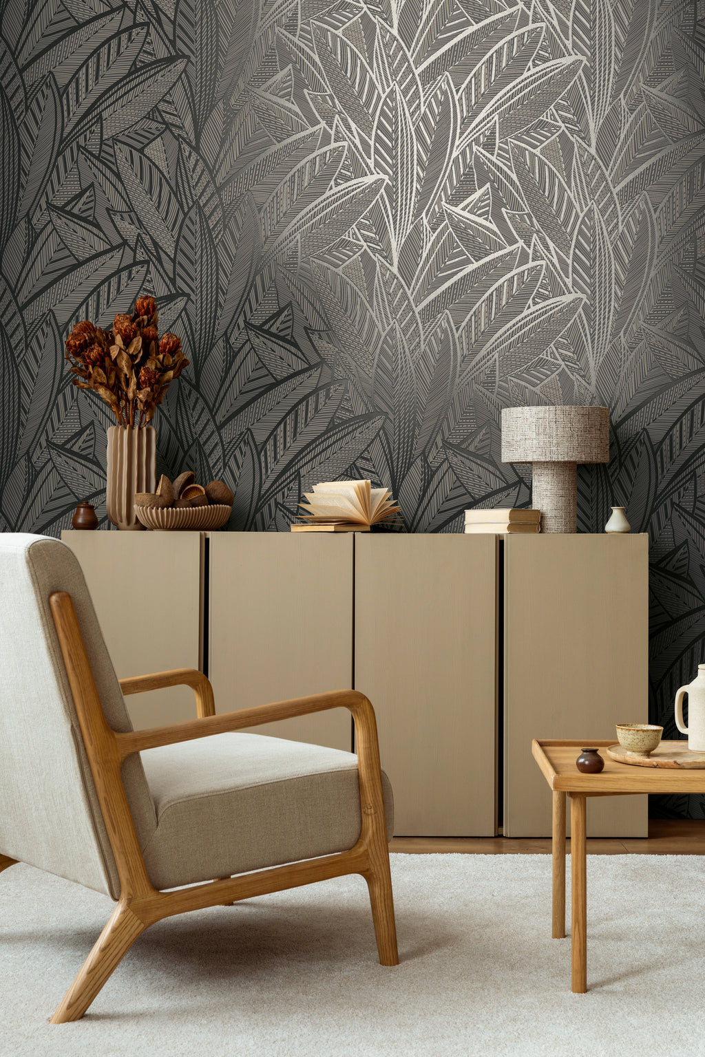 High-Quality Non-Woven Wallpaper Black Leaves