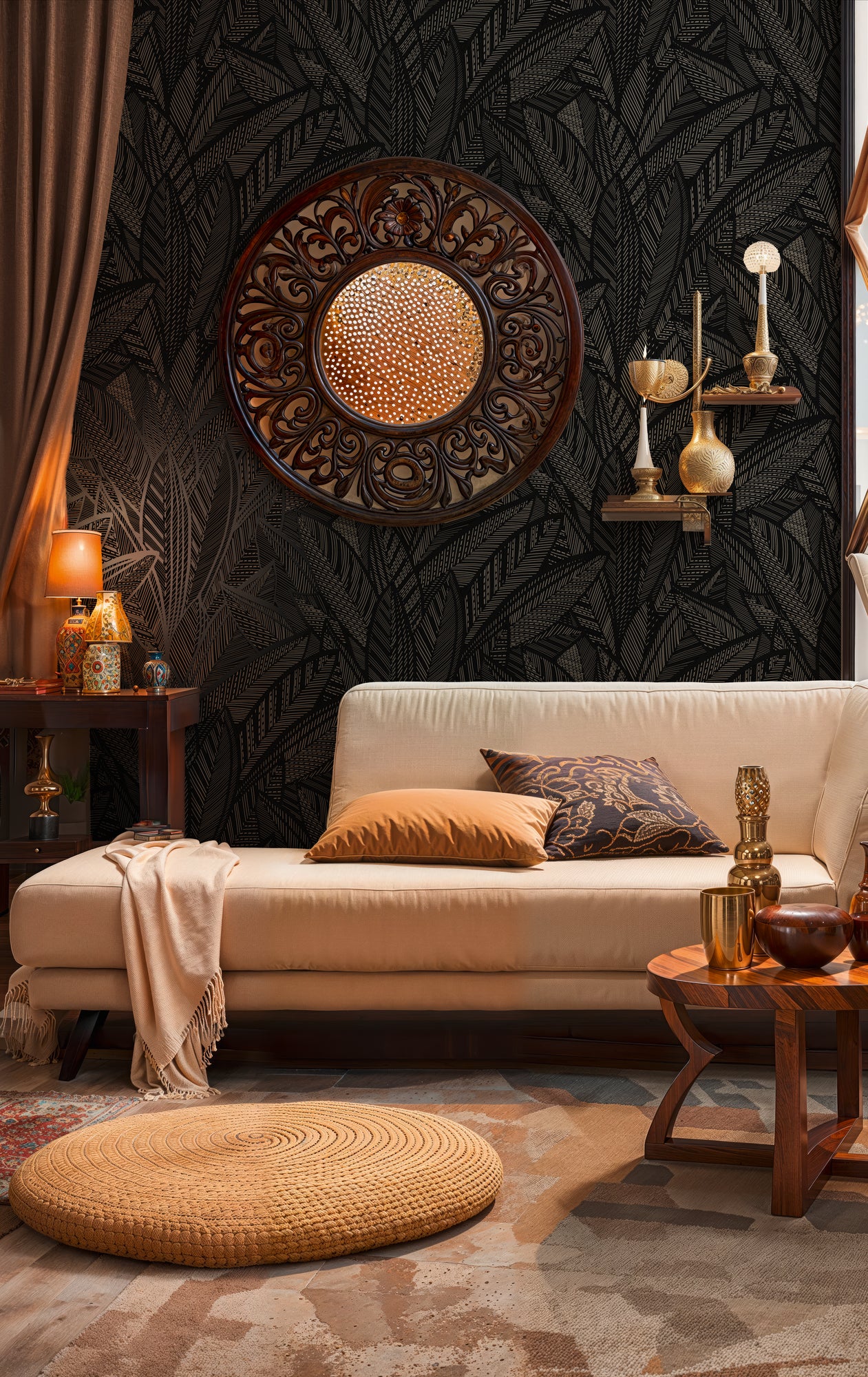 High-Quality Non-Woven Wallpaper Black Leaves