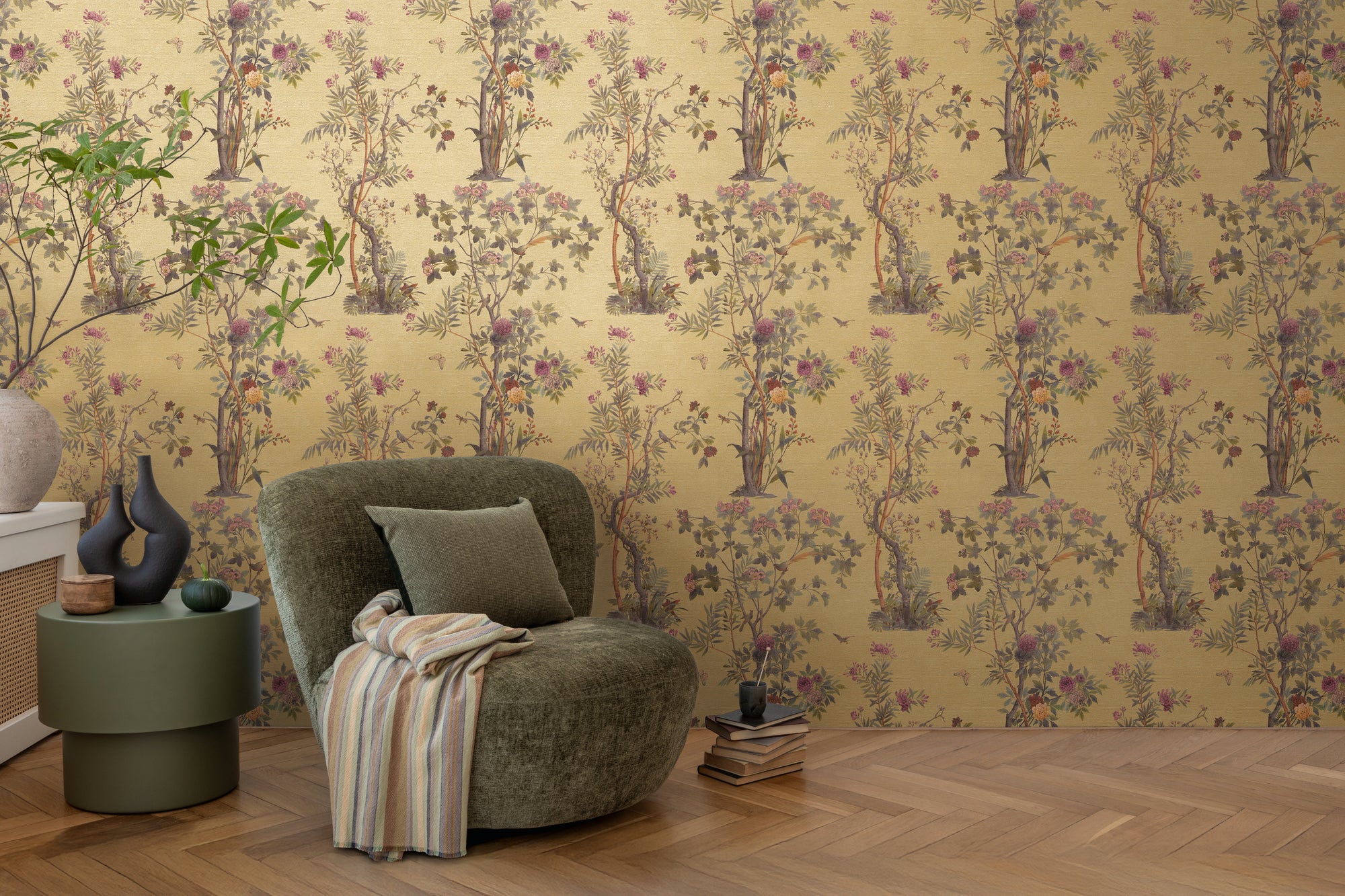 Premium Non-Woven Wallpaper Green Floral