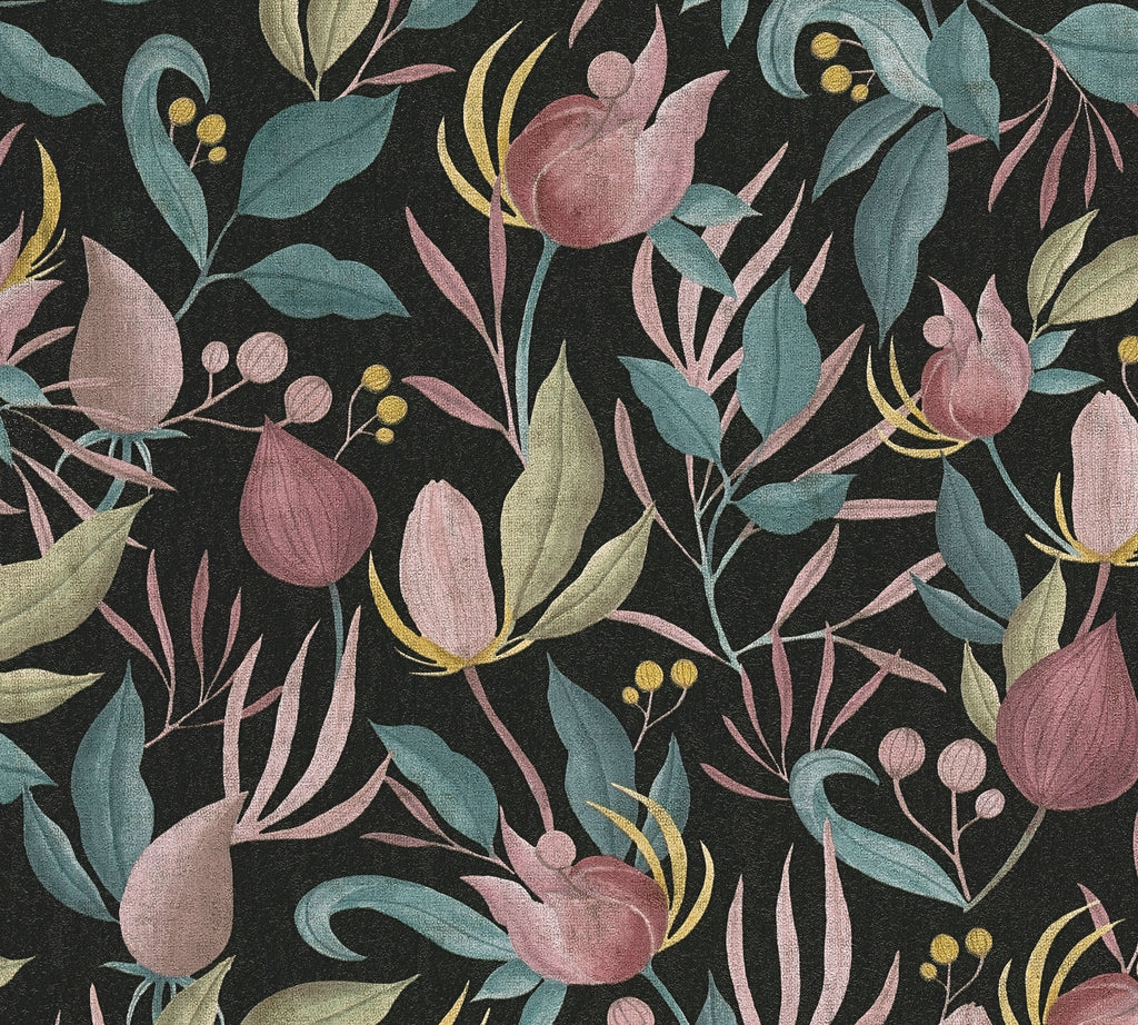 Hochwertige Vliestapete Schwarz Floral