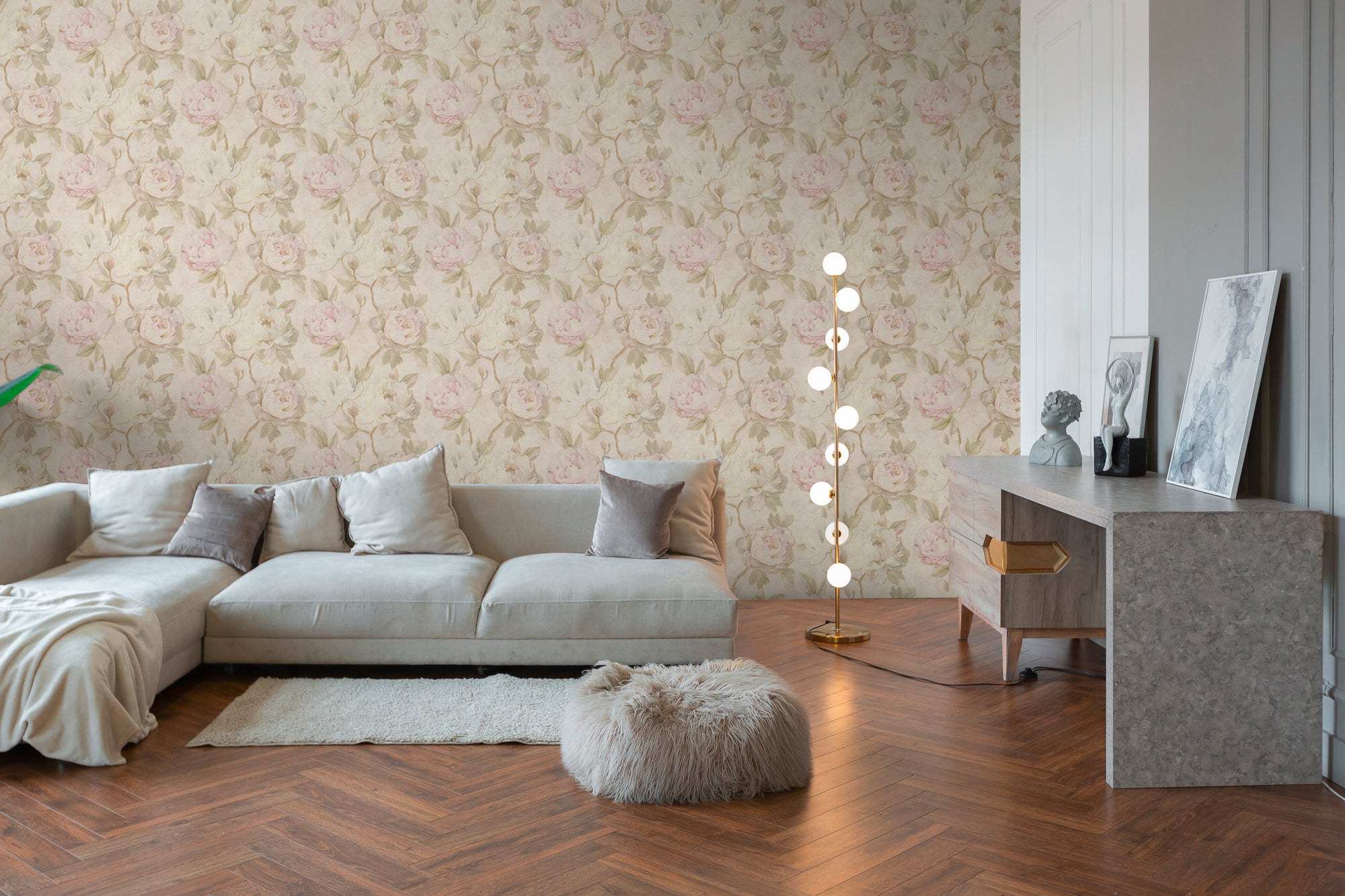 Hochwertige Vliestapete Creme Floral