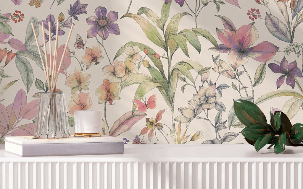 High-Quality Non-Woven Wallpaper White Floral
