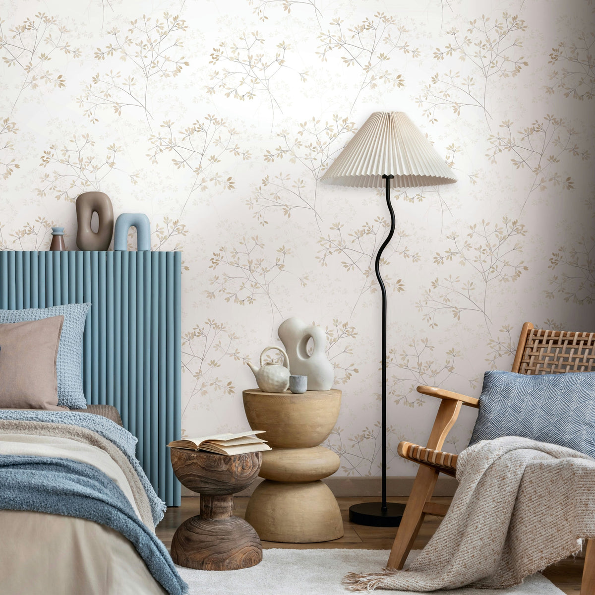 Vliestapete weiß, beige pflanzen